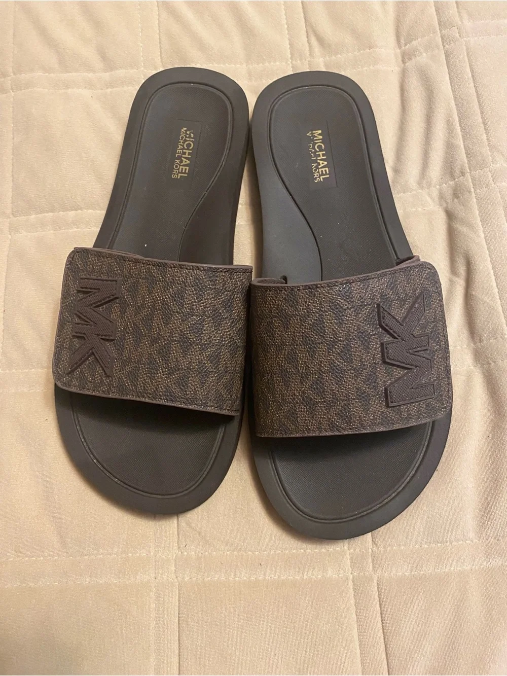Michael Kors Men’s Brown Logo Slide Sandals with MK Monogram Strap